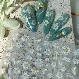 5D Flower Nail Art Stickers Self Adhesive Nail Decals Pink White Daisy Design Cute Flower Spring Daisy Nail Decorations Stickers Embossed Nail Art Supply for Women Manicure Accessories, 2pcs
