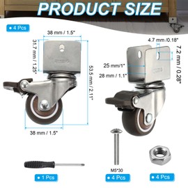 PATIKIL 1.5" Swivel Caster Wheels with 1" U Bracket, 4 Pack 360° Rotation Swivel Wheel with Brake Total Load 145 lbs Locking Caster for Cabinet Furniture Table Replacement
