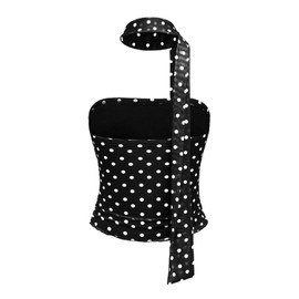 KIGRAD Womens Y2k Polka Dot Mesh Crop Tube Tops with Scarf Sleeveless Strapless Cute Fitted Ruched Bandeau Tank Shirts Black