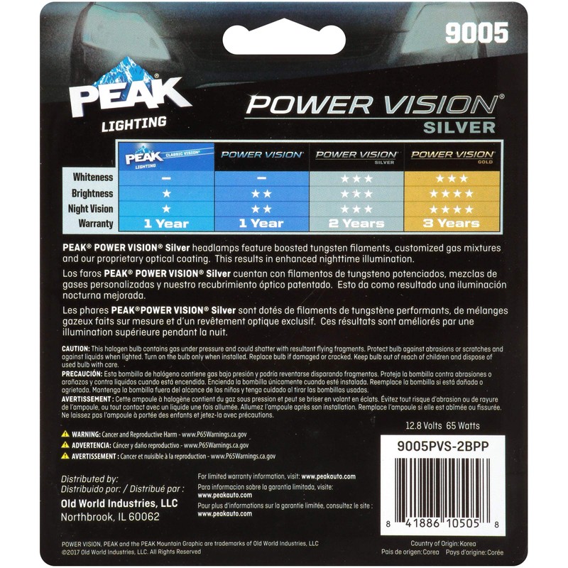 PEAK Power Vision Silver Automotive Performance Headlamp, 9005 HB3, 2