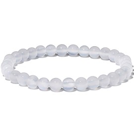 Wizock Gem Semi Precious Gemstones Stretch Bracelets for Women 6mm Round Beads Beaded Bracelets Unisex 6.8 Inches (White Agate)