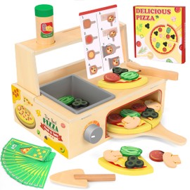 Charmofun Pizza Children's Kitchen Accessories Wood, Pizza Oven Wooden Toy for Children from 3 Years, Play Kitchen Accessories with Apron Hat Gloves, Educational Toy Gifts for Boys Girls