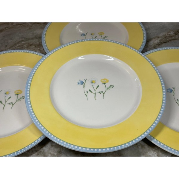 Royal Stafford Dinner Plates Meadow. Yellow Design, Blue Border Set