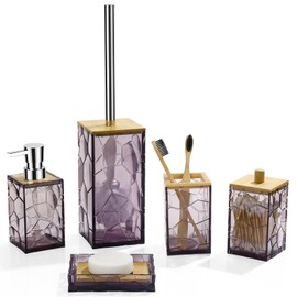GAHEFY Lavender Purple Bathroom Accessories Set, Toothbrush Holder, Soap Dispenser, Cotton Swabs Holder, Soap Dish, Toilet Brush with Holder, Bamboo Bathroom Decor,Acrylic (Purple)