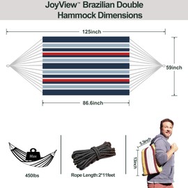 JoyView Brazilian Double Hammock with Hanging Ropes Extra Large 86.6x59” Portable Cotton Hammock for Patio Backyard Porch 450LBS Weight Capacity Perfect for Outdoor/Indoor - Blue & Green Stripes
