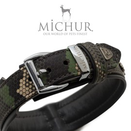 Michur Skully Camouflage Camo Leather Dog Collar Black Green Leather with Skull Studs Available in Various Sizes