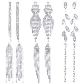 Sureio 6 Pairs Long Rhinestone Earrings for Women Silver Chandelier Dangle Tassels Drop Earring for Brides Bridesmaids Wedding Bridal Prom Jewelry Gift