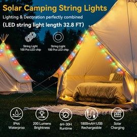 40FT Solar Camping String Lights, Rechargeable String Lights with 8 Modes, Waterproof Outdoor Lights with Delay Closure, Retractable Design & Hooks for Outdoor Patio Awning Garden Party Essentials