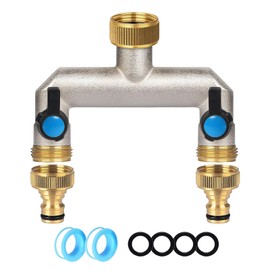 Brass Hose Splitter, 3/4 Inch 2 Way Faucet Diverter, Garden Hose Splitter with 2 Individual Valve and 2 Adapter, Heavy Duty Brass Tap Splitters for Timer, Garden
