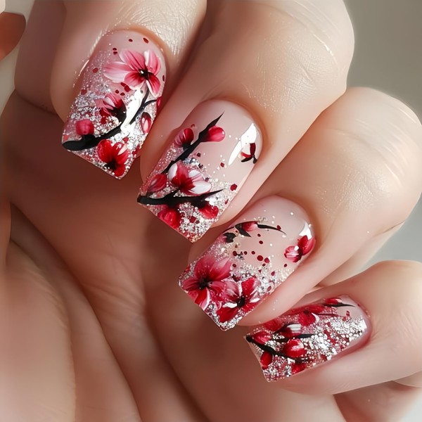 LOPMNGHT Square Press on Nails Medium Length Pink Flower False
