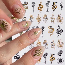Gold Nail Art Sticker Decals 3D Self-Adhesive Moon Stars Sun Snake Patterns Design Nail Decals Mix Flower Self-Adhesive Nail Art Stickers Nail Art Supplies Decoration for Women Manicure Accessories