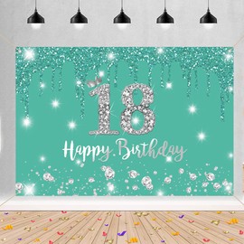 Happy 18th Birthday Decorations Backdrop Banner for Girls Happy 18 Years Old Fabric Sign Poster, Turquoise Photography Background 18th Birthday Party Supplies, 150x90cm