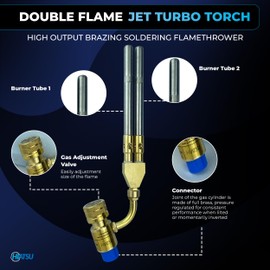 HIATSU Double Flame Jet Turbo Torch Head - High Output Heavy Duty Propane Torch Head for Brazing and Soldering - Stainless Steel and Brass Construction Torch Head - 360° Rotating Shaft