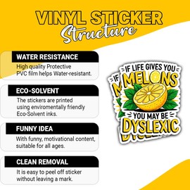 3 Pcs If Life Gives You Melons You May Be Dyslexic Stickers – Funny Quote, Humor Vinyl Decals Gifts for People with a Sense of Humor, Dyslexia Awareness for Laptop, Water Bottle, Tumbler, Car 3 Inch