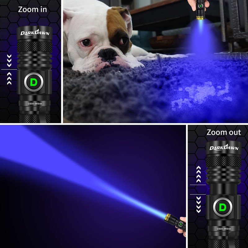 DARKDAWN UV Flashlight 365nm, LED Blacklight Flashlight, USB Rechargeable flashlights,