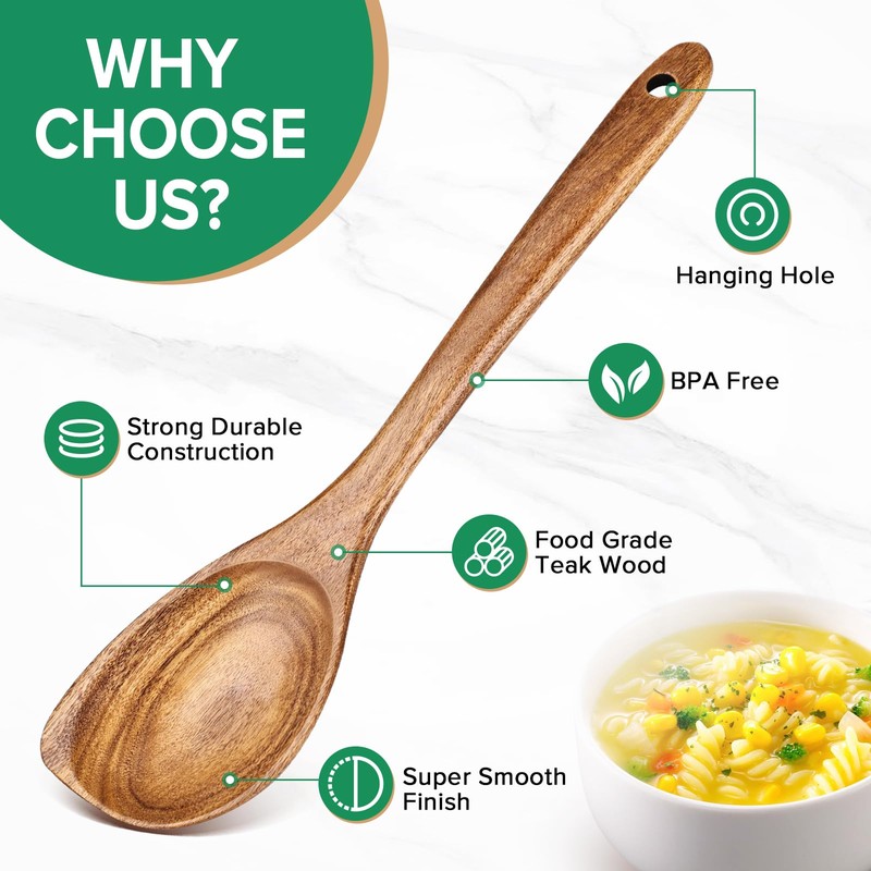Wooden Spoons for Cooking, Long Handle Teak Wooden Corner Serving