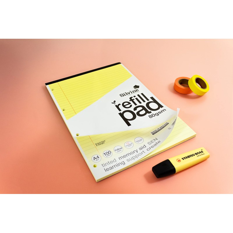Silvine A4 Yellow Paper Dyslexia Refill Pad - Lined with