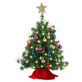 Joiedomi 24"/2FT Mini Christmas Tree Tabletop Set with Clear LED Lights, Artificial Mini Christmas Tree with Star Treetop and Hanging Ornaments, Best DIY Xmas Decorations
