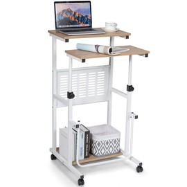 Tangkula Mobile Standing Desk, Height Adjustable Stand Up Desk Computer Workstation, Movable Computer Desk with 4 Rolling Wheels & Footrest, Suitable for Sitting or Standing (Oak)