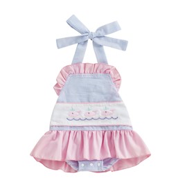 Baby Girl Outfit Sleeveless Halter Tie Up Whale Embroidered Plaid Stripe Bubble Romper Dress Summer Clothes One Piece (Pink, 0-3 Months)
