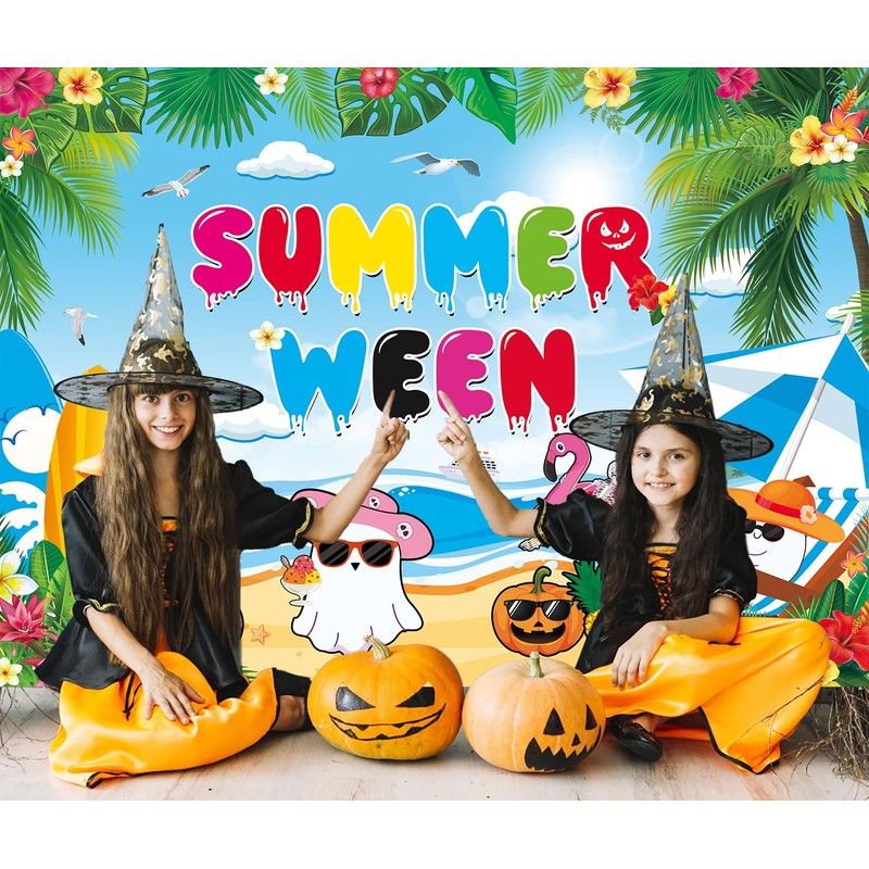 Happy Summerween Backdrop Spooky Skull Summer Beach Background