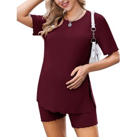 Ekoauer Women 2 Piece Maternity Pajamas Set Lightweight Pregnancy Outfit Ribbed Knit Postpartum Loungewear Set with Pocket Dark Red