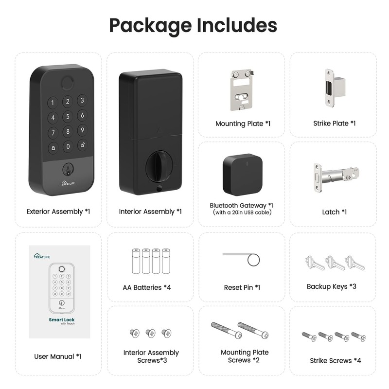 TREATLIFE Smart Door Lock with WiFi Bluetooth Gateway, Keyless Entry
