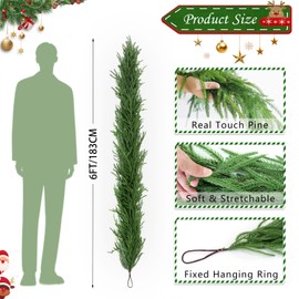 Norfolk Pine Garland, 6FT Real Touch Winter Pine Garland, Artificial Greenery Garlands for Table Wall Window Stairs Mantle Fireplace Indoor Outdoor Christmas Holiday Decorations