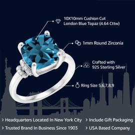 Gem Stone King 4.64 Cttw London Blue Topaz Engagement Ring For Women In 925 Sterling Silver | Cushion Cut 10MM | Gemstone Birthstone | Available in size 5, 6, 7, 8, 9