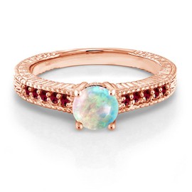 Gem Stone King 0.90 Ct Cabochon Simulated Opal Created Ruby 18K Rose Gold Plated Silver Engagement Ring (Size 6)