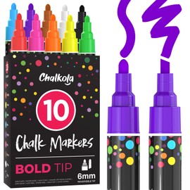 Chalkola 10 Liquid Chalk Markers for Blackboard - (10 pack, 6mm Reversible Tip) | Chalkboard Markers Erasable for Window, Glass, Car, Mirror, Wall Calendar - Non Toxic, Washable, Wet Erase Chalk Pens