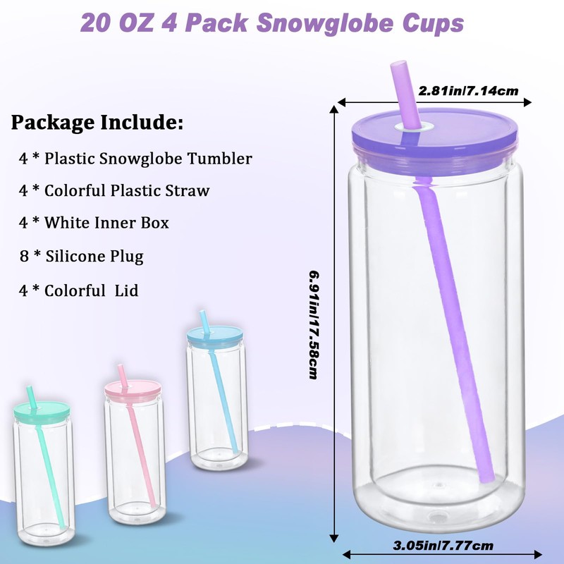 Micellwuu 20 oz Acrylic Snowglobe Tumbler, 4 Pack Double Wall