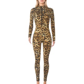 Maeau Women's Jumpsuit One-Piece Long Sleeve Catsuit Leopard Bodycon Jumpsuit Elastic Stand-Up Collar Playsuit Front Zip Bodycon Jumpsuit S-XL, Brown Black