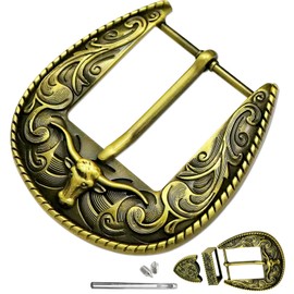 3Pcs Western Replacement Belt Buckles 1.5"(38mm) LongHorn Bull Engraved Single Prong Square Buckle Vintage Cowboy Rodeo Reversible Belt Accessory for Men Women Gold