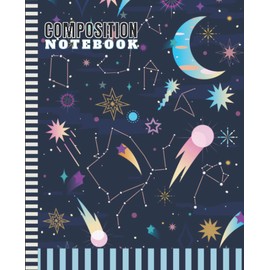 Vintage Astronomy Composition Notebook Wide Ruled: 7.5 x 9.25 Blank Paper / 108 Pages / Stationery Gift for Note Taking - Writing - Doodles / Crescent Moon Planet Outer Space Science Art Theme Cover