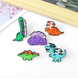 Book and Dinosaur Brooch Set Cute Dinosaur Enamel Pin Kawaii Dinosaur Enamel Lapel Pins Set Cartoon Animal Brooch Badge Pins Novelty Dinosaur Pattern Pins for Women Clothes Bags Backpack Accessory DIY
