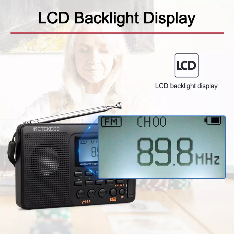 Retekess V115 FM AM SW Radio Digital Rechargeable MP3 Record