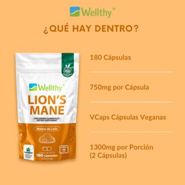 Wellthy Lion’s Mane 180 Cápsulas. Melena de León 750mg c/u, 1500mg por Porción, 6 Meses de Consumo, VCaps Cápsulas Veganas