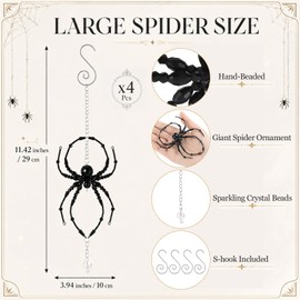 4 Pcs Large Black Halloween Spider Beaded Hanging Ornaments