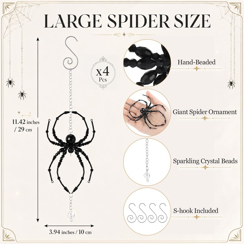 4 Pcs Large Black Halloween Spider Beaded Hanging Ornaments
