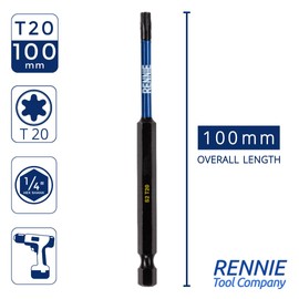 5 x Rennie Tools 100mm Long T20 TX20 Impact Screwdriver Driver Bits Set. Heavy Duty Magnetic Torx Screwdriver Bit Set. Black Oxide Coated Torx Impact Driver Bits. Torx Bit Set.