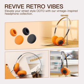 iKF Y3 Earphones Wired Stereo Headphones, Retro Style, Adjustable Headband, 3.5mm Jack, Replaceable Orange Ear Pads - Suitable for Walkman, Computer