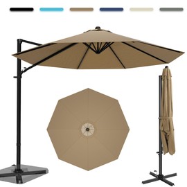 Greesum 10FT Outdoor Patio Umbrella with High Pedel and 4 Gear Heights, Large Offset Market Umbrella with 360-degree Rotation, Without Base, Hanging Outdoor Shade for Garden, Lawn, Pool, Brown