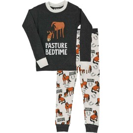 Lazy One Warm Long-Sleeved Kids' Pajamas for Girls and Boys, Funny Kids' Pajama Sets, Cozy, Comfy, Horse, Past Your Bedtime (Pasture Bedtime Grey, 8)