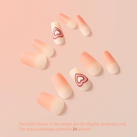 ClawArts Medium Coffin Shape Ombre Pink to White Press-On Nails with Heart Pattern, Jelly Glue Sticker Included, No Liquid Glue or UV Light Required, Suitable for Everyday Use, One Size Fits Most