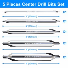 DKIBBITH 5pc Long Center Drill Bit Set, M2 HSS 60-Degree Angle 4'' Overall Length Center Drill Bits Kit, Countersink Tools for Metalworking Lathe Milling and Countersinking, Size 1.0 2.0 3.0 4.0 5.0