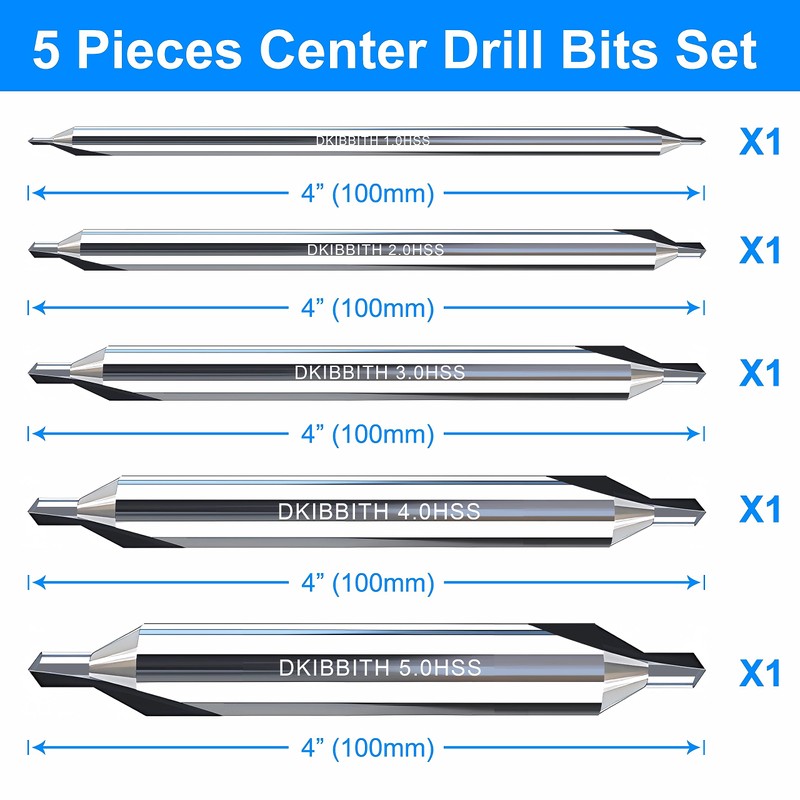 DKIBBITH 5pc Long Center Drill Bit Set, M2 HSS 60-Degree