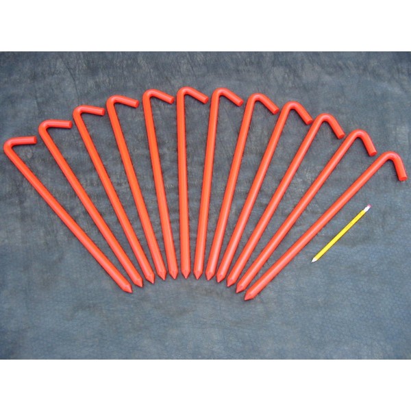A 12 Pack of 18" long metal hook stakes.coated in