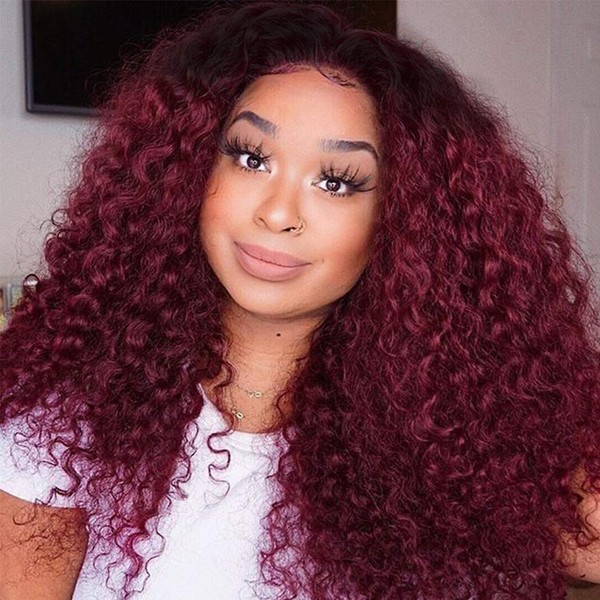 Ombre Dark Red Curly Weave Human Hair 4 Bundles 99J Brazilian Curly Hair 100g/Bundles Burgundy Kinky Curly Human Hair Extensions for Black Women (18"20"22"24")