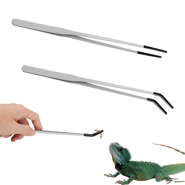 2-Pack Stainless Steel Reptile Feeding Tongs with Rubber Tips,10" Straight